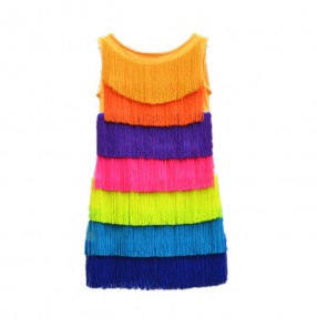 custom size Orange rainbow colored women's ladies female girls performance competition fringes tassels backless latin samba salsa cha cha dance dresses outfits